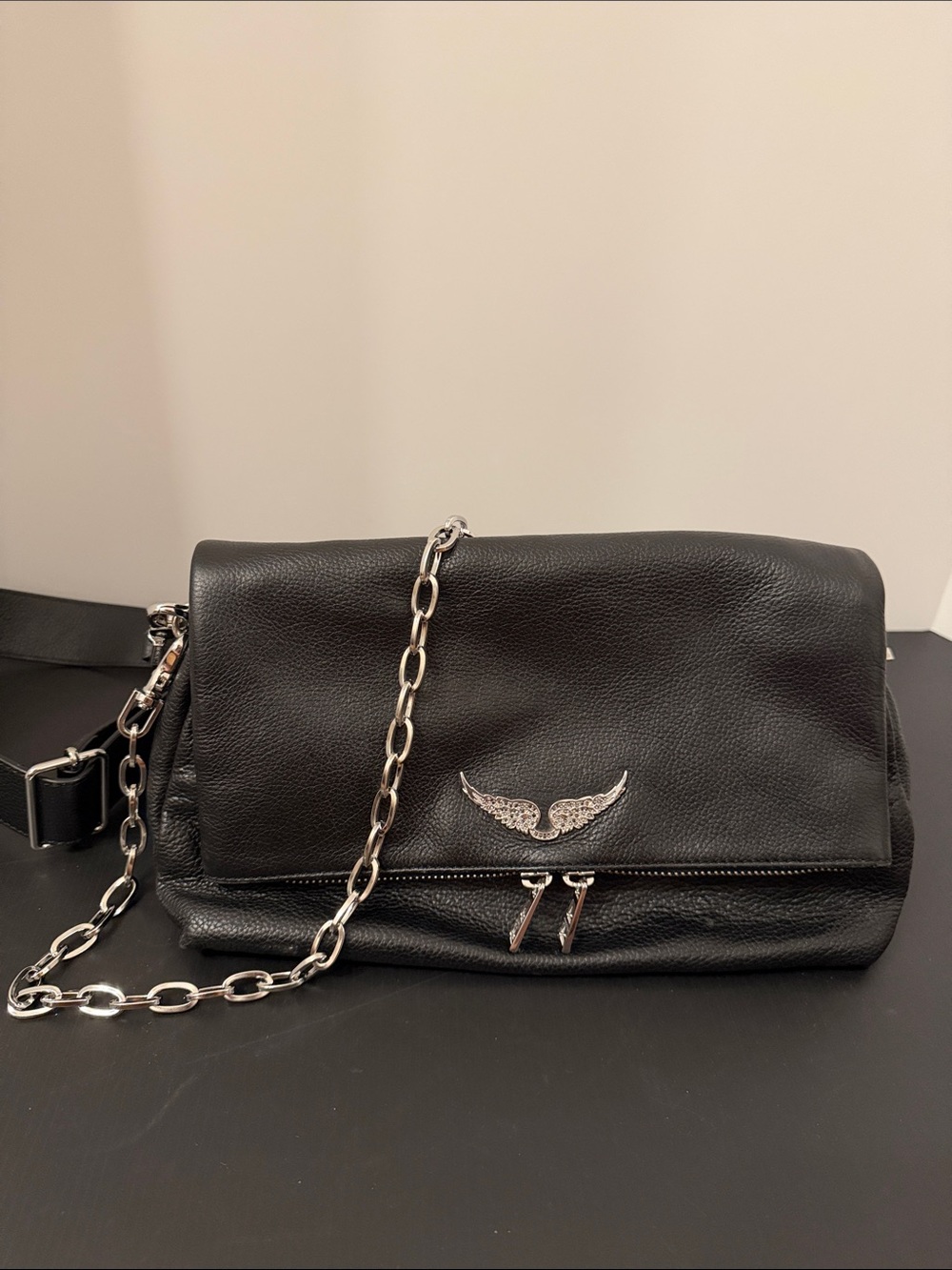 Zadig & Voltaire Rocky Black Leather Crossbody Bag with Silver Wing Emblem